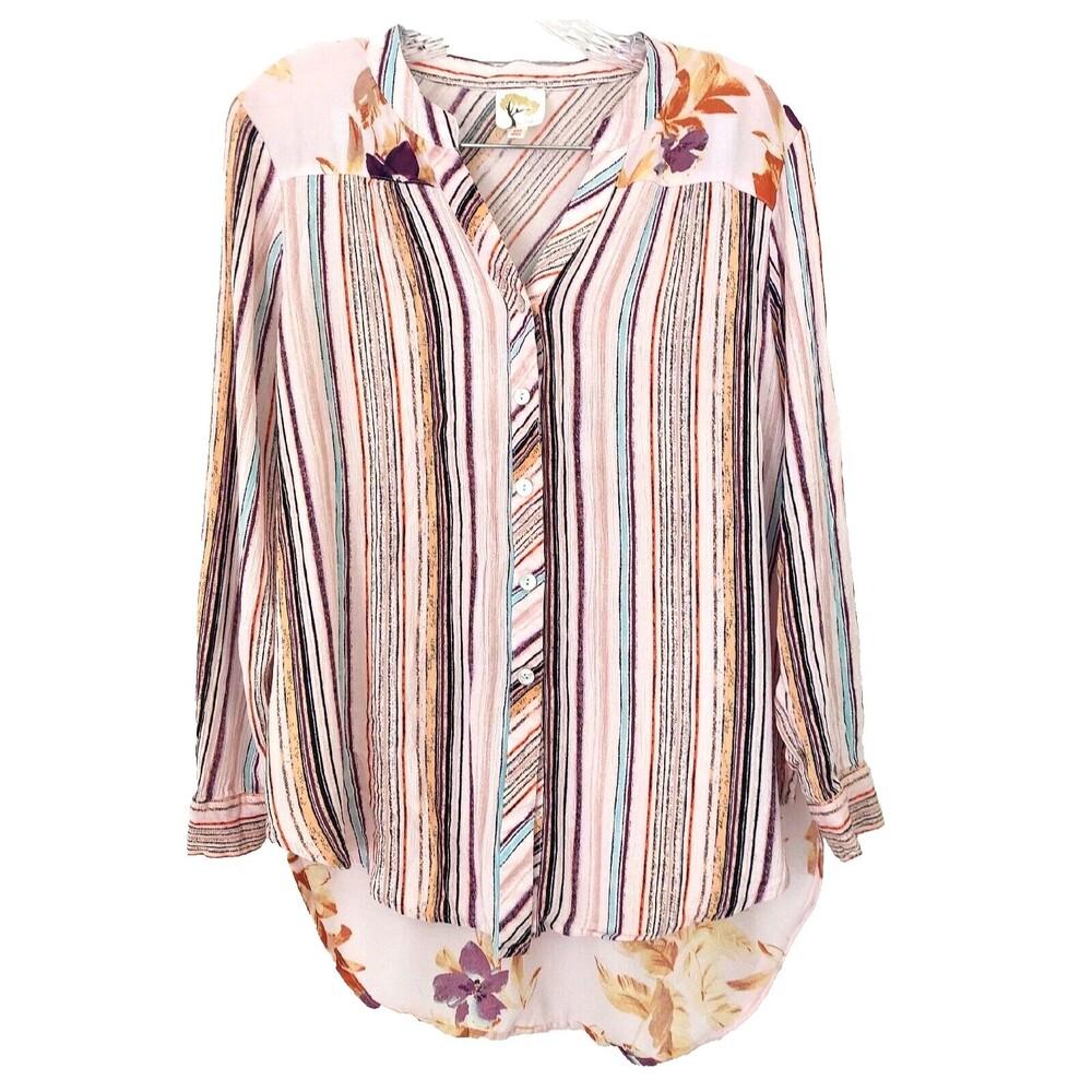Fig and Flower Shirt Medium Button Up Pink Mixed Fabric Floral Long Sleeves